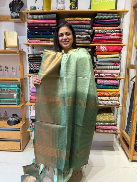 Semi Silk Saree with Zari Checks - Green