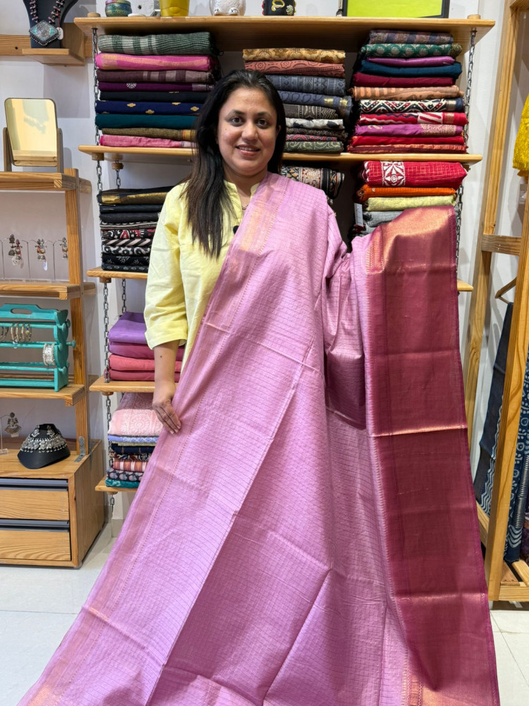 Image of Semi Silk Saree with Zari Checks - Pink