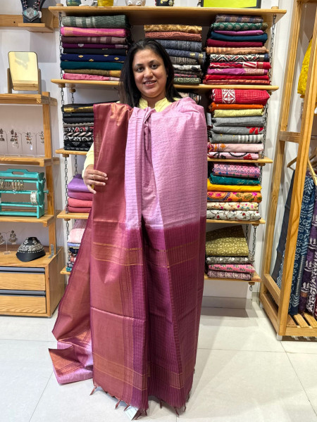 Semi Silk Saree with Zari Checks - Pink