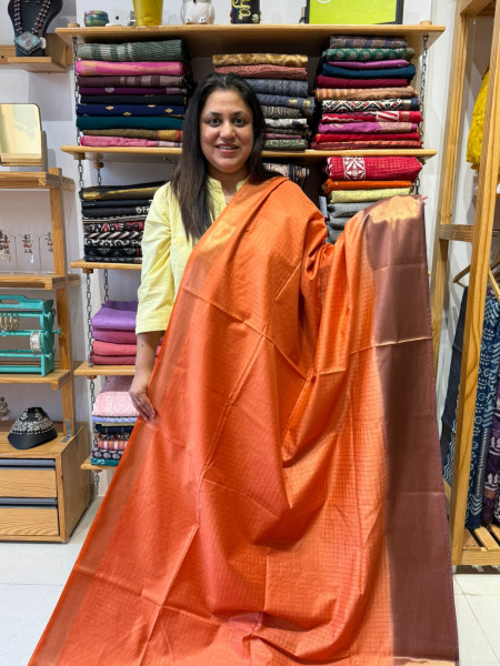 Semi Silk Saree with Zari Checks - Orange Brown