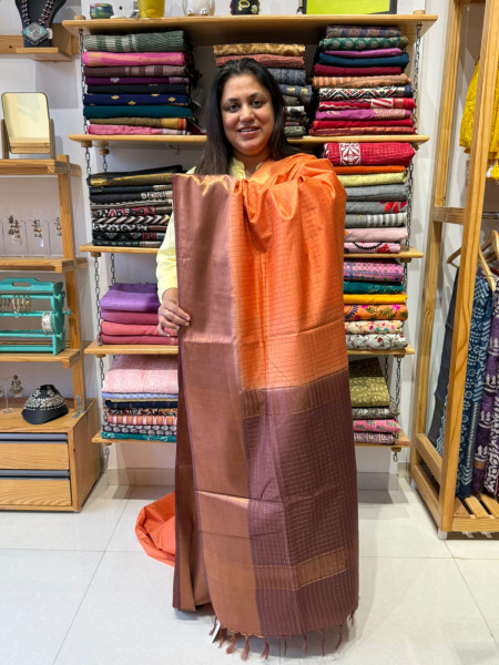 Semi Silk Saree with Zari Checks - Orange Brown