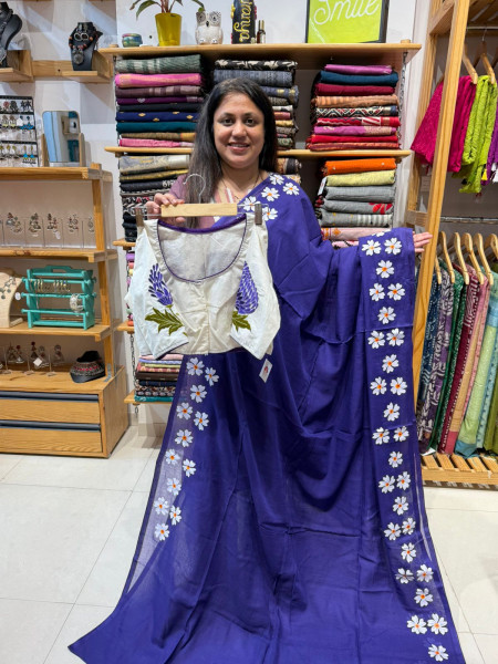 Floral Handpainted Mul Saree with White Blouse