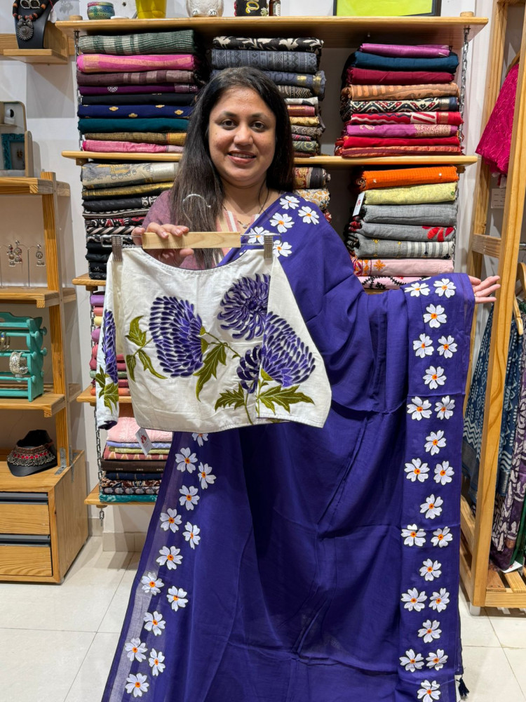 Image of Floral Handpainted Mul Saree with White Blouse