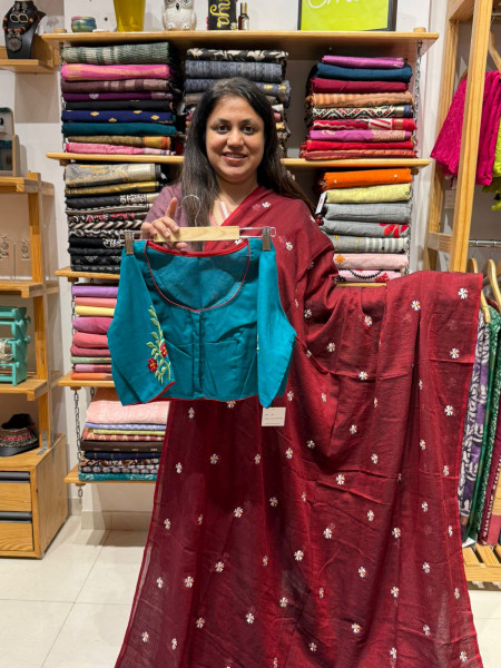 Parijat Mul Saree with Green Blouse
