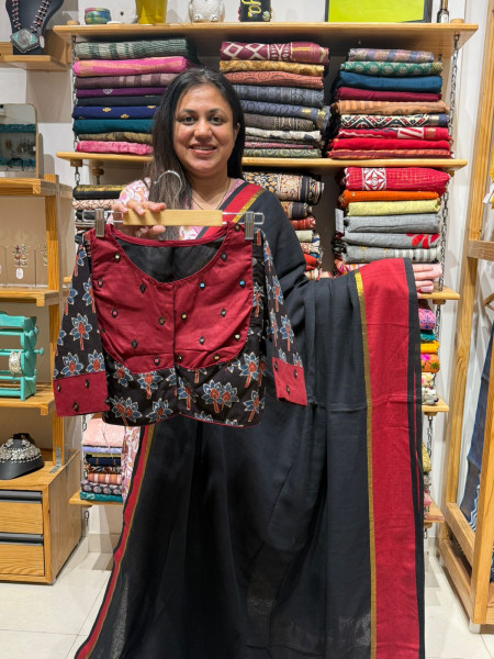 Black Mul Cotton Saree with Ajrakh patchwork non Padded Blouse
