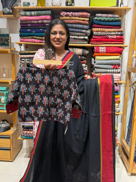 Black Mul Cotton Saree with Ajrakh patchwork non Padded Blouse