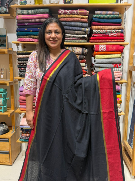 Black Mul Cotton Saree with Ajrakh patchwork non Padded Blouse
