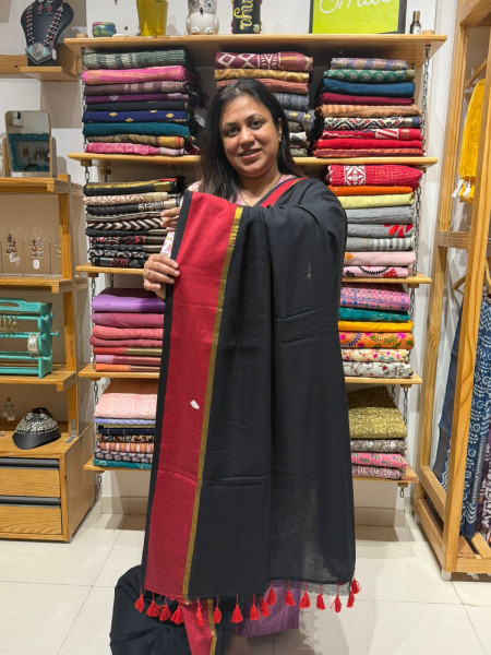 Black Mul Cotton Saree with Ajrakh patchwork non Padded Blouse