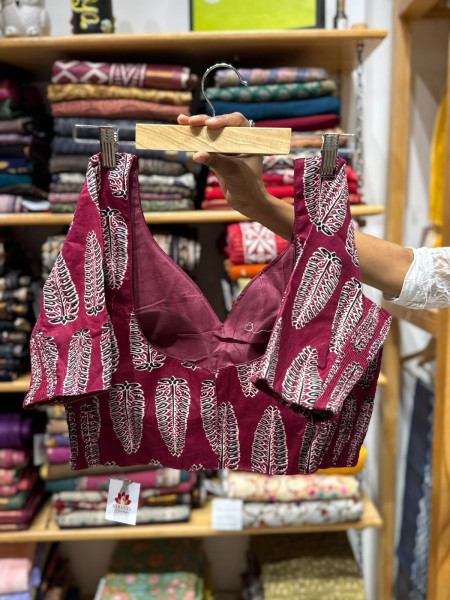 Stretchable Padded Printed Free Size Blouse  -Maroon- Size 34-38