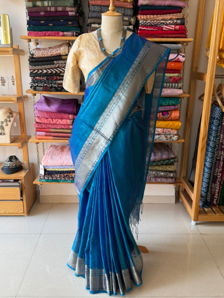 Teal Blue TISSUE SAREE with Free Size Golden Blouse