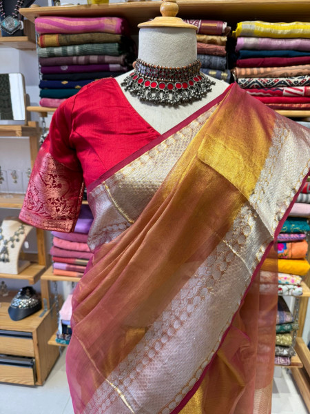 RUST Colour TISSUE SAREE with Free Size Red Blouse