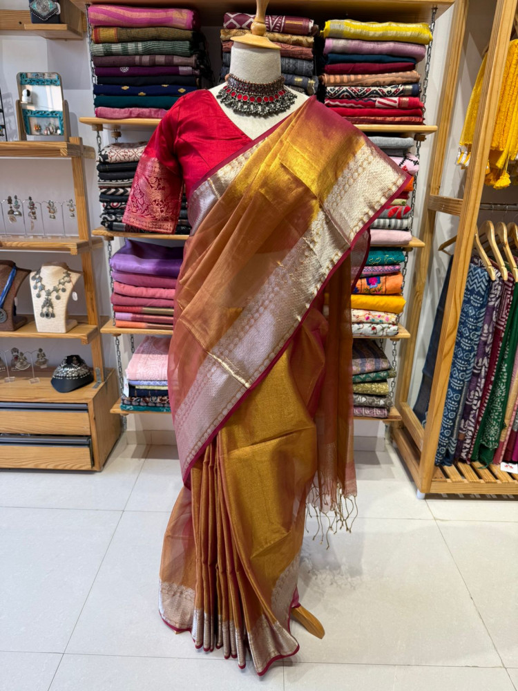 Image of RUST Colour TISSUE SAREE with Free Size Red Blouse
