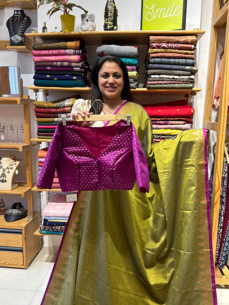Temple Border Saree with Purple Blouse