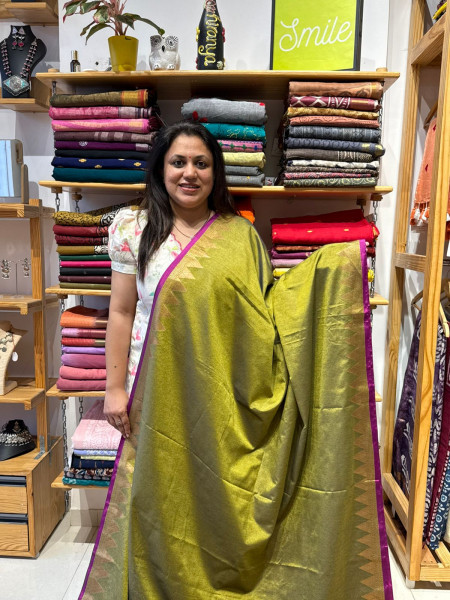 Temple Border Saree with Purple Blouse