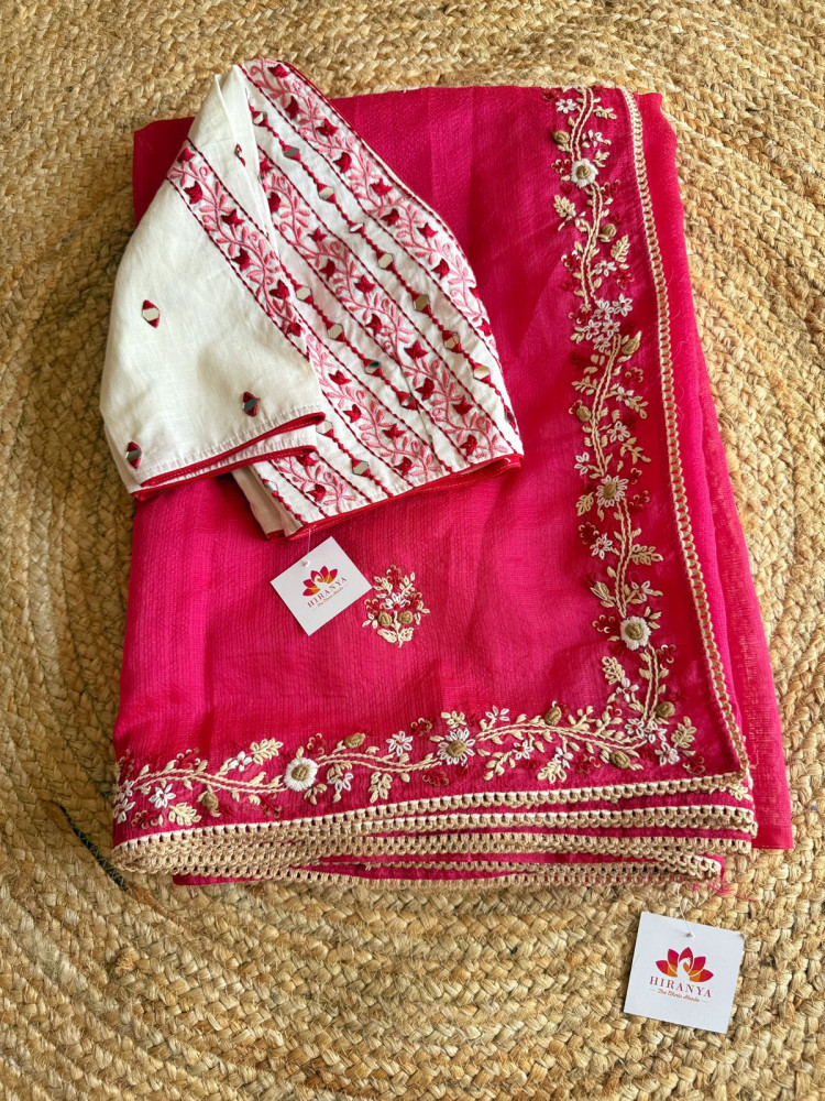 Image of Red Kota Saree with Hand Embroidery and  Blouse