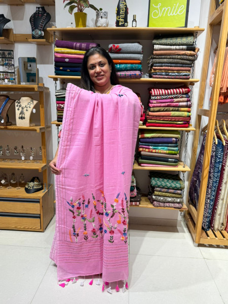 Mul Saree with Hand Embroidery - Pink