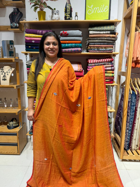 Mul Saree with Hand Embroidery - RUST