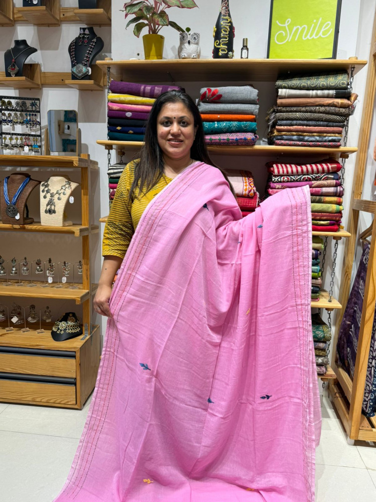 Image of Mul Saree with Hand Embroidery - Pink