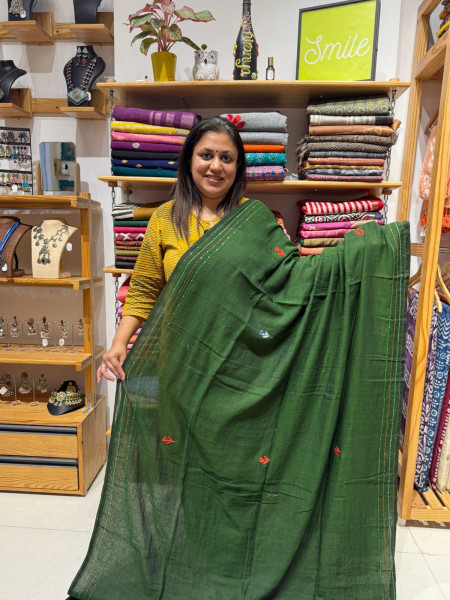 Mul Saree with Hand Embroidery - Bottle Green