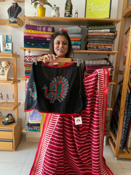 Modal Cotton Handblock Print Saree with Balck Blouse