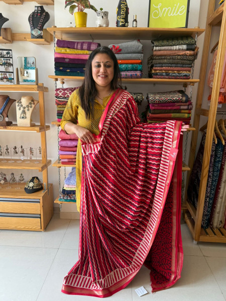 Modal Cotton Handblock Print Saree with Balck Blouse