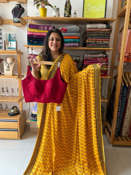 Modal Silk Bagh Print Saree with Sleeveless FREE SIZE Blouse