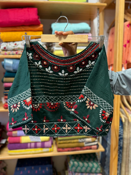 Hand Embroidered Blouse - Green-Free Size