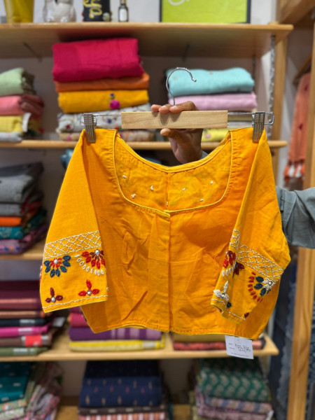 Hand Embroidered Blouse - Yellow- Free Size