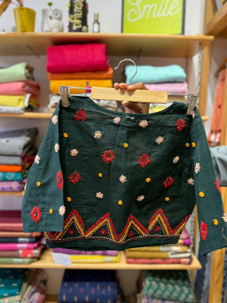 Image of Hand Embroidered Blouse - Green -Free Size