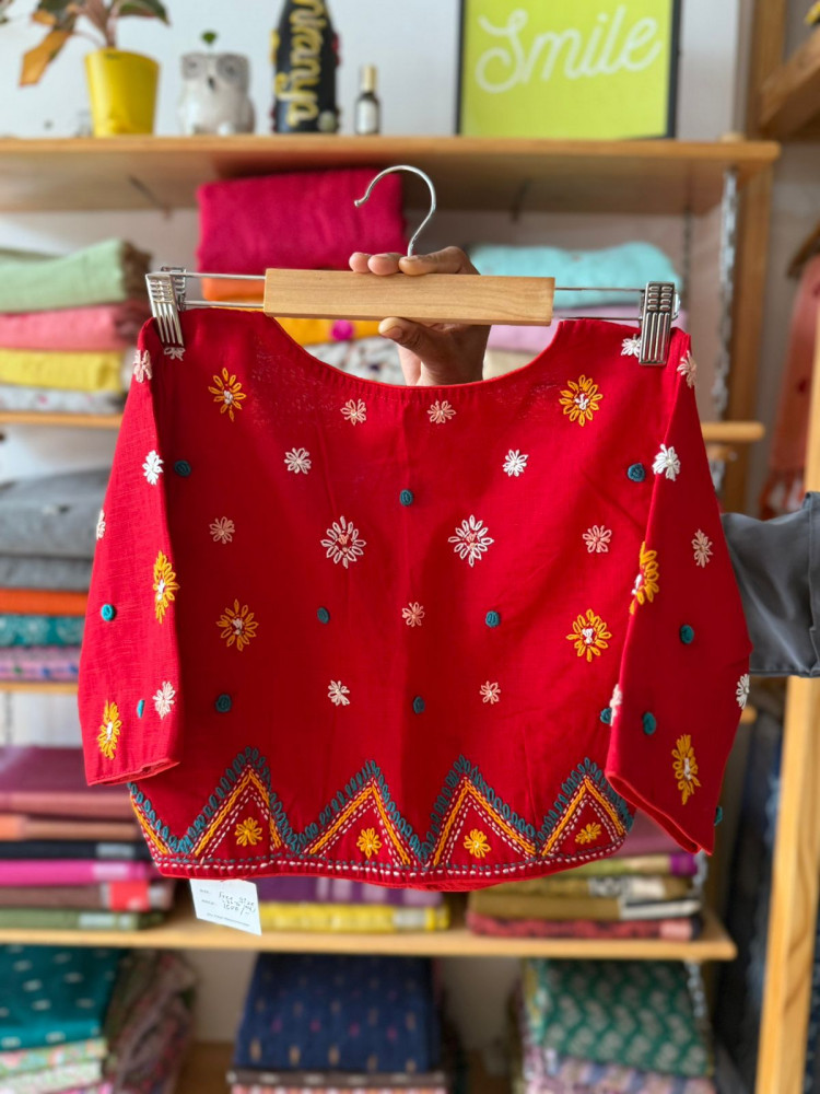 Image of Hand Embroidered Blouse - Red -Free Size