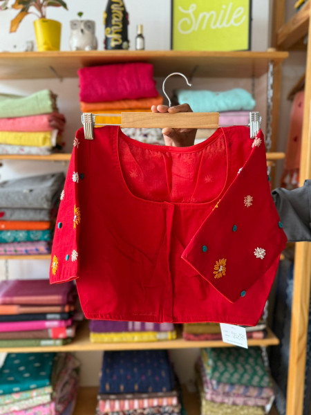 Hand Embroidered Blouse - Red -Free Size