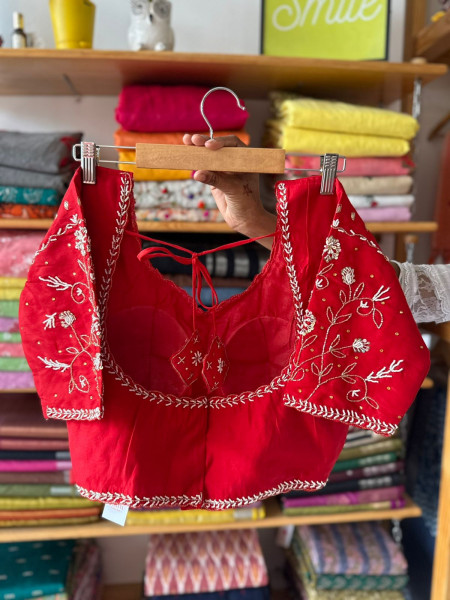 Handwork Padded Blouse - Free Size- RED