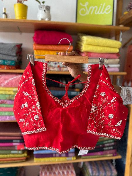 Handwork Padded Blouse - Free Size- RED