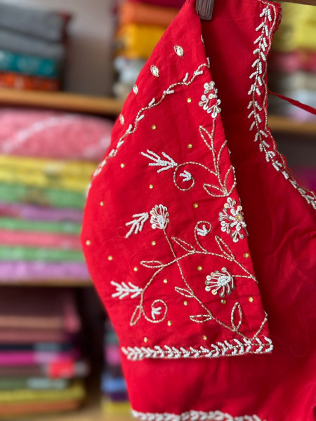 Handwork Padded Blouse - Free Size- RED