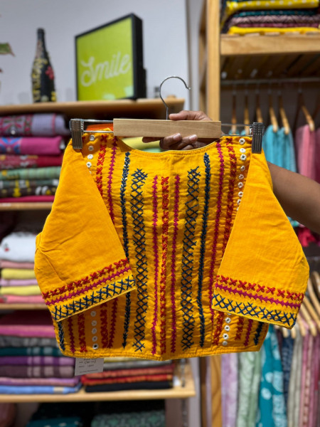 Handwork Mirror work Non Padded Blouse - Free Size 36 to 42 - YELLOW