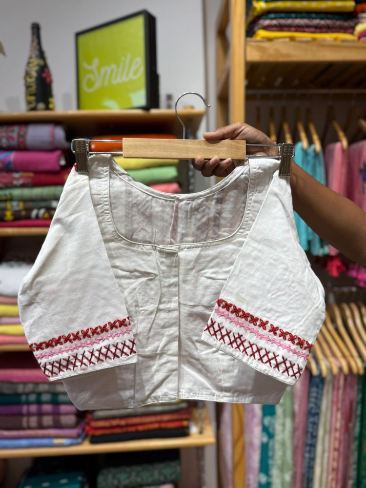 Image of Handwork Mirror work Non Padded Blouse - Free Size 36 to 42 - White