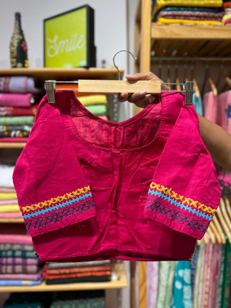 Handwork Mirror work Non Padded Blouse - Free Size 36 to 42 - Pink