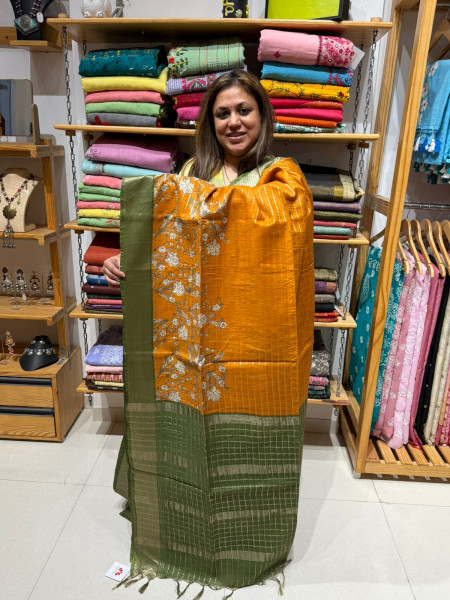 Semi Chanderi  Zari Stripes with Floral Print - Mustard Green