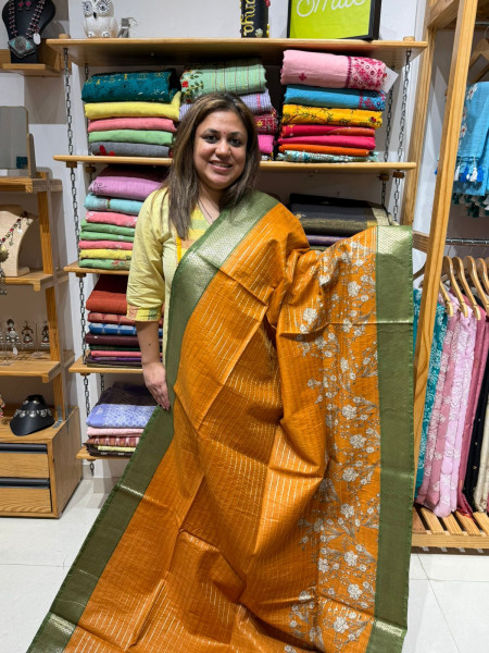 Semi Chanderi  Zari Stripes with Floral Print - Mustard Green