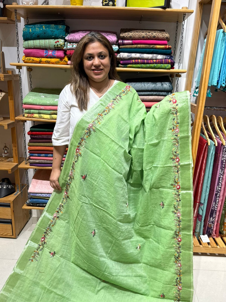 Image of Linen Cotton Handwork Saree - Green