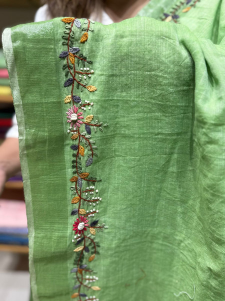 Linen Cotton Handwork Saree - Green