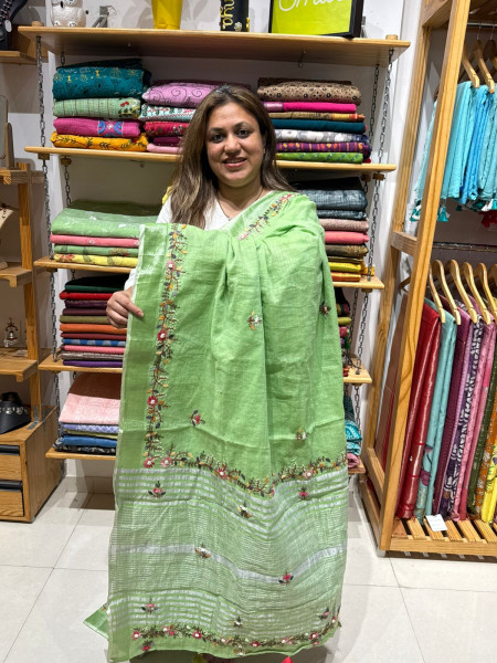 Linen Cotton Handwork Saree - Green