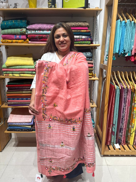 Linen Cotton Handwork Saree - Crimson Red