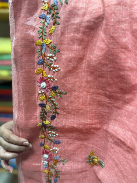 Linen Cotton Handwork Saree - Crimson Red