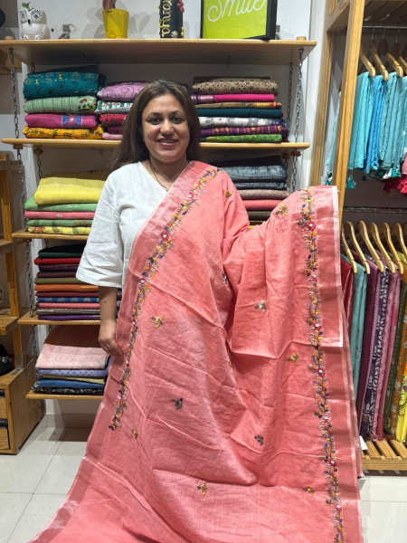 Linen Cotton Handwork Saree - Crimson Red