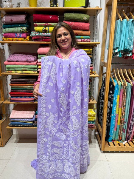 CHIKANKARI SAREE IN Georgette -Lavendar
