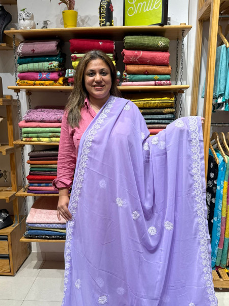 CHIKANKARI SAREE IN Georgette -Lavendar