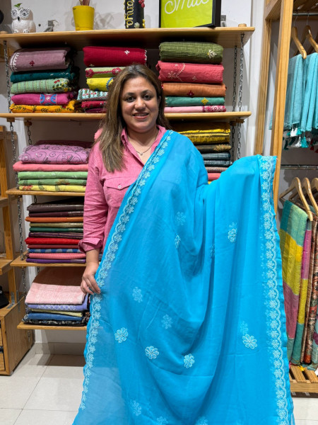 CHIKANKARI SAREE IN Georgette - Blue