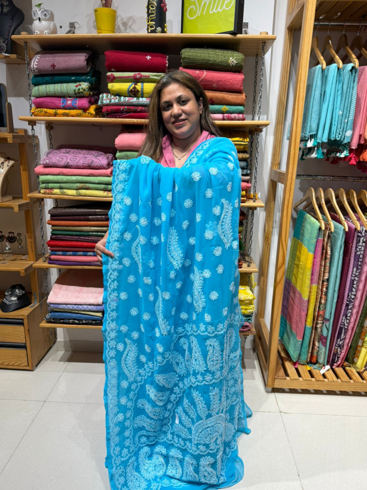 Image of CHIKANKARI SAREE IN Georgette - Blue