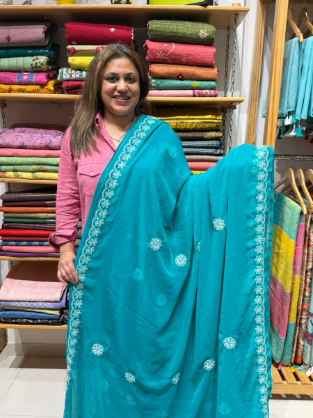 CHIKANKARI SAREE IN Georgette - Green